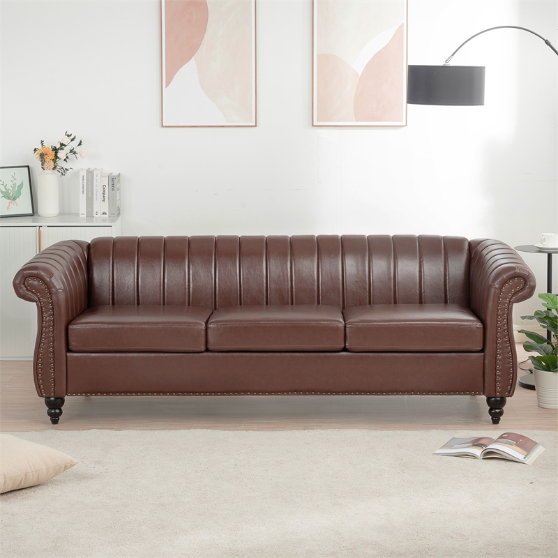 CRO Decor 84''W Rolled Arm Chesterfield Three Seater Leather Sofa in Dark Brown