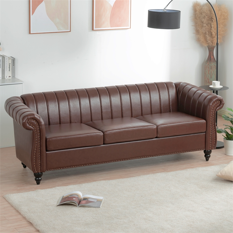 CRO Decor 84''W Rolled Arm Chesterfield Three Seater Leather Sofa in Dark Brown
