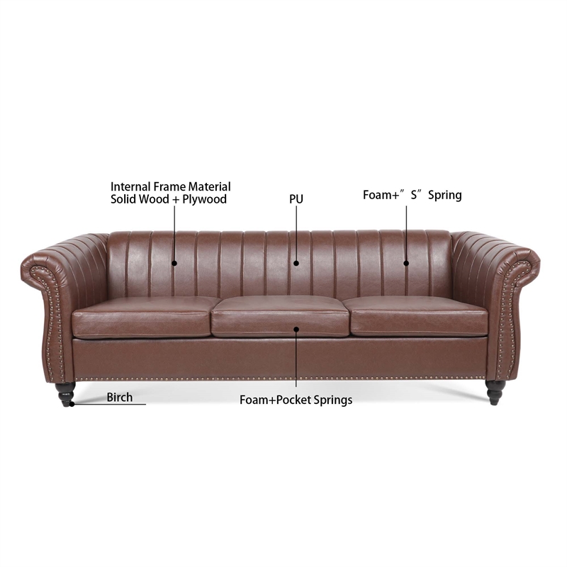 CRO Decor 84''W Rolled Arm Chesterfield Three Seater Leather Sofa in Dark Brown