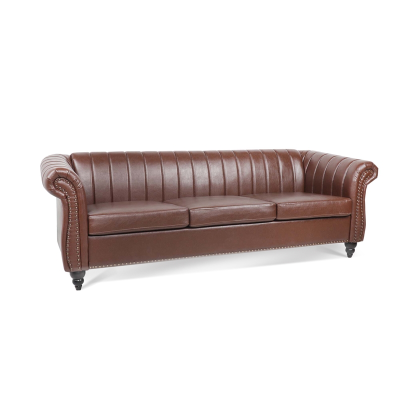 CRO Decor 84''W Rolled Arm Chesterfield Three Seater Leather Sofa in Dark Brown