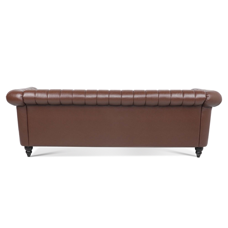 CRO Decor 84''W Rolled Arm Chesterfield Three Seater Leather Sofa in Dark Brown