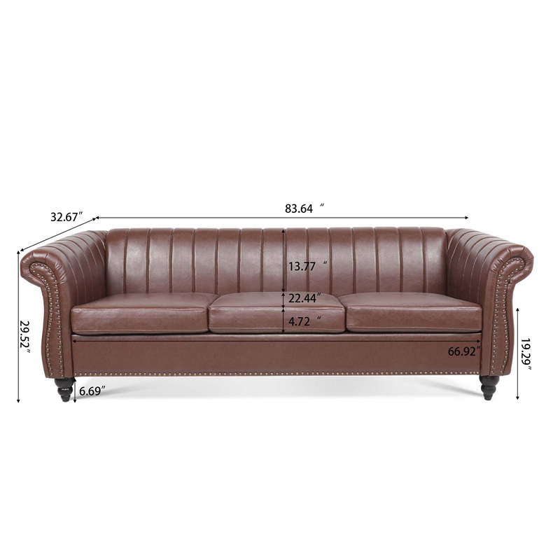 CRO Decor 84''W Rolled Arm Chesterfield Three Seater Leather Sofa in Dark Brown
