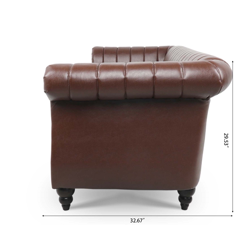 CRO Decor 84''W Rolled Arm Chesterfield Three Seater Leather Sofa in Dark Brown