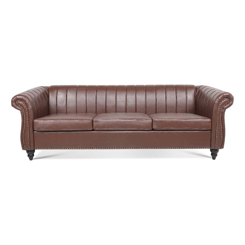 CRO Decor 84''W Rolled Arm Chesterfield Three Seater Leather Sofa in Dark Brown