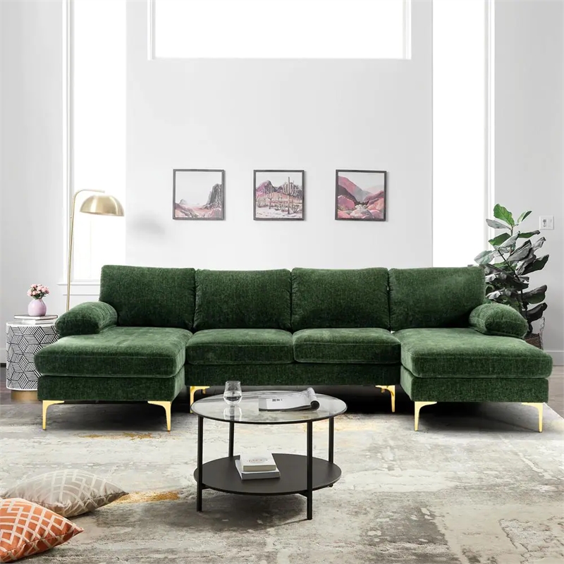 CRO Decor 4-piece U Shaped Fabric Sectional Sofa with Golden Legs in Green