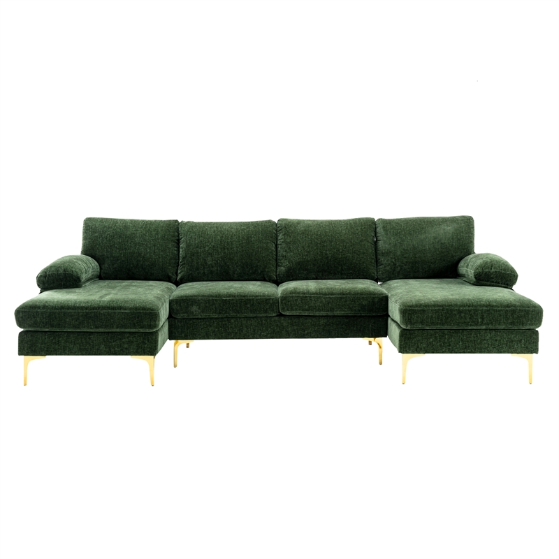 CRO Decor 4-piece U Shaped Fabric Sectional Sofa with Golden Legs in Green