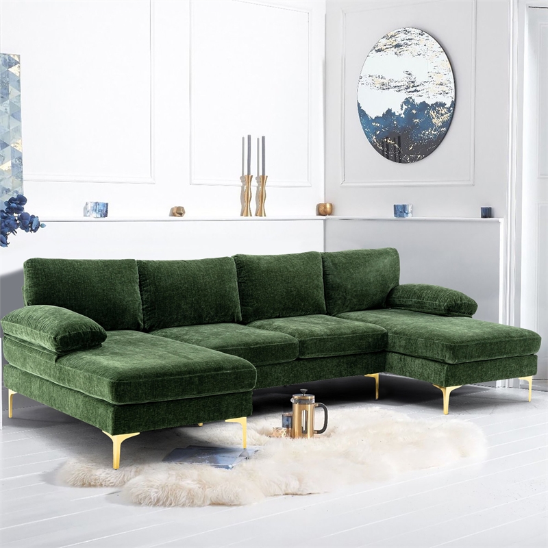 CRO Decor 4-piece U Shaped Fabric Sectional Sofa with Golden Legs in Green
