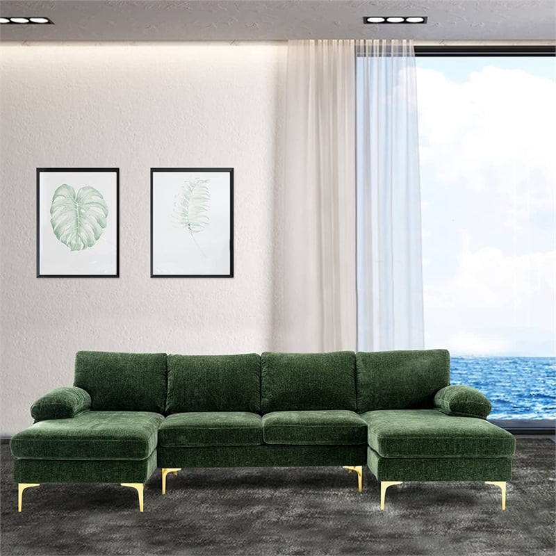 CRO Decor 4-piece U Shaped Fabric Sectional Sofa with Golden Legs in Green