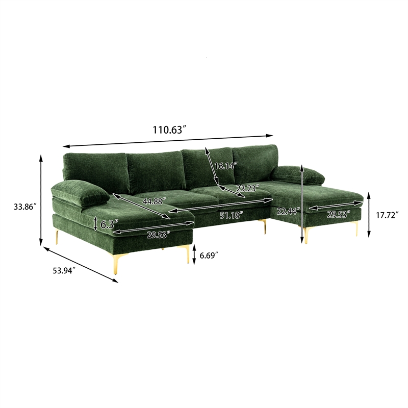 CRO Decor 4-piece U Shaped Fabric Sectional Sofa with Golden Legs in Green