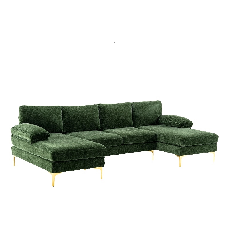 CRO Decor 4-piece U Shaped Fabric Sectional Sofa with Golden Legs in Green