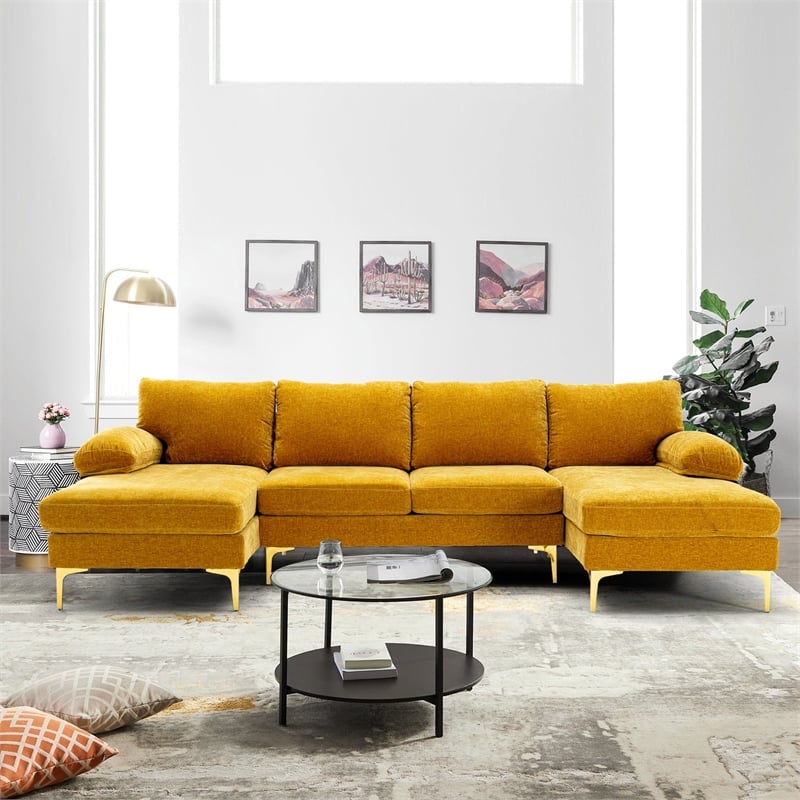 CRO Decor 4-piece U Shaped Fabric Sectional Sofa with Golden Legs in Yellow