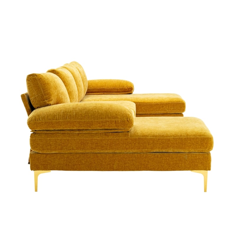 CRO Decor 4-piece U Shaped Fabric Sectional Sofa with Golden Legs in Yellow