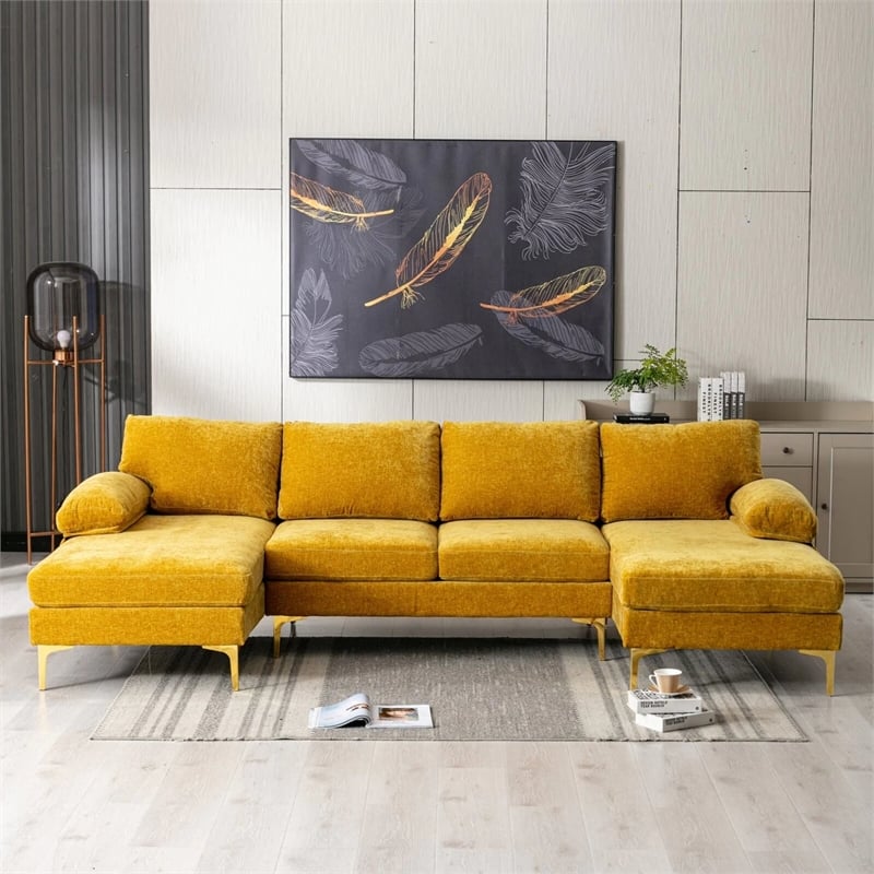 CRO Decor 4-piece U Shaped Fabric Sectional Sofa with Golden Legs in Yellow