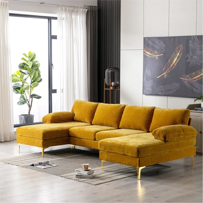 CRO Decor 4-piece U Shaped Fabric Sectional Sofa with Golden Legs in Yellow