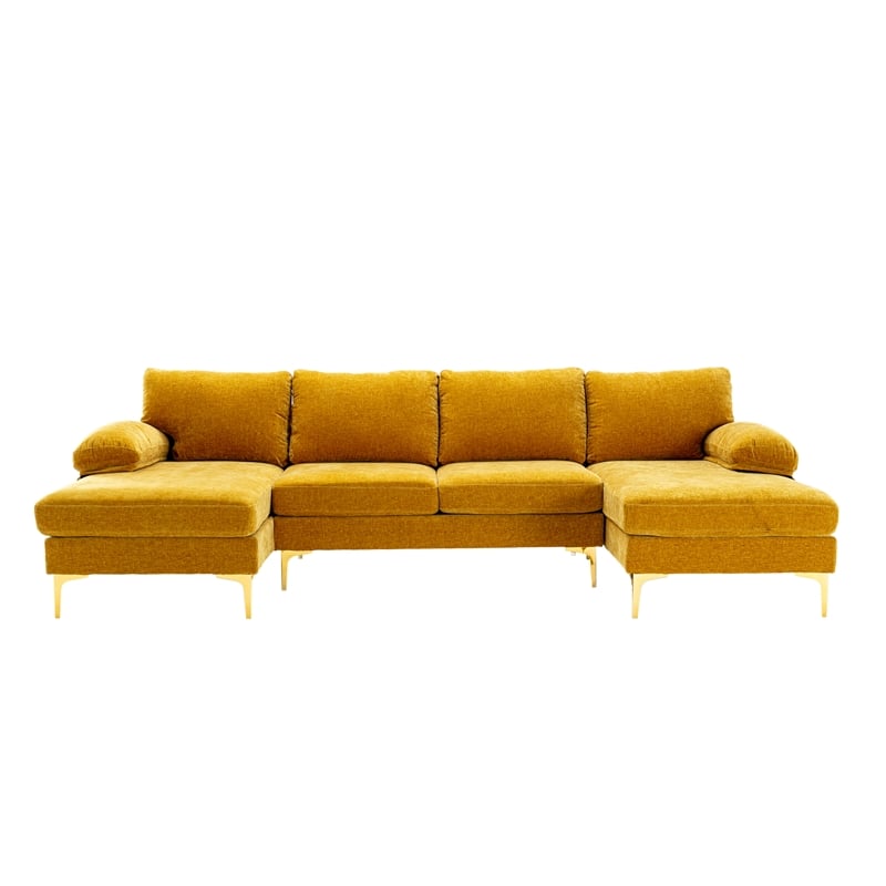 CRO Decor 4-piece U Shaped Fabric Sectional Sofa with Golden Legs in Yellow