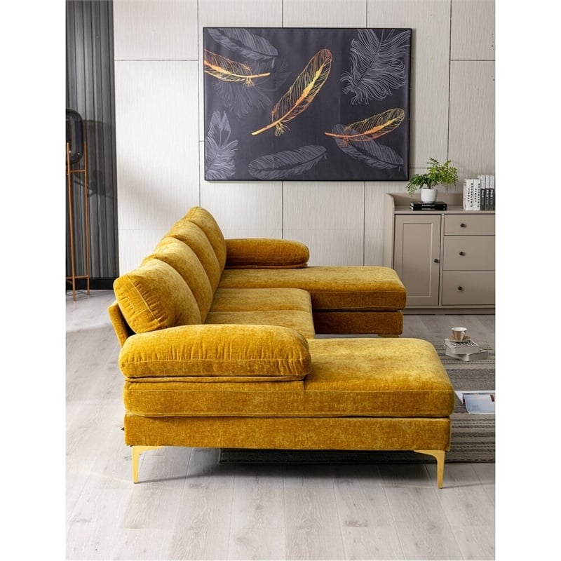 CRO Decor 4-piece U Shaped Fabric Sectional Sofa with Golden Legs in Yellow
