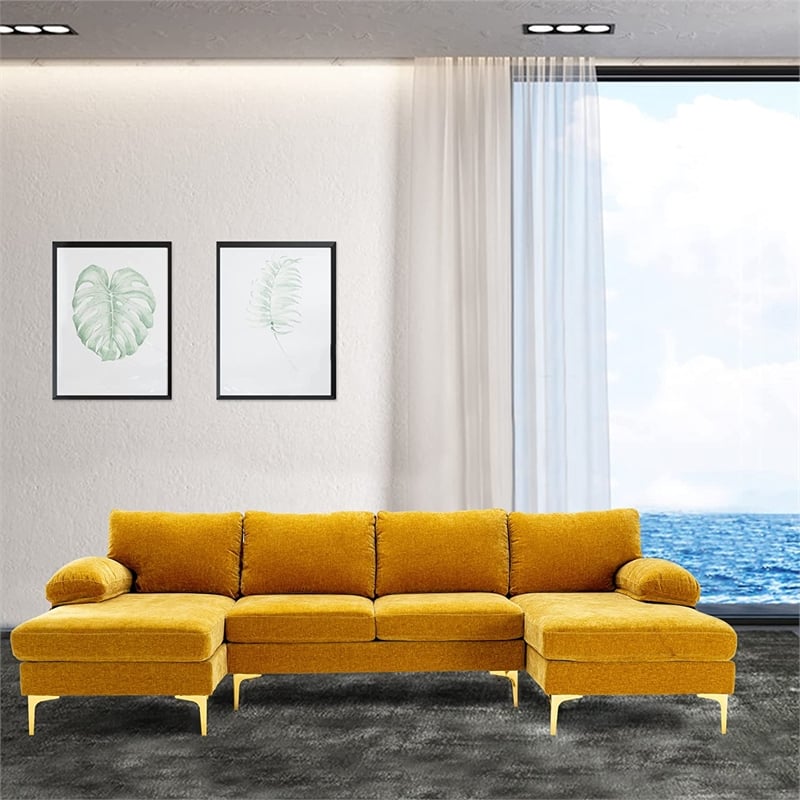 CRO Decor 4-piece U Shaped Fabric Sectional Sofa with Golden Legs in Yellow