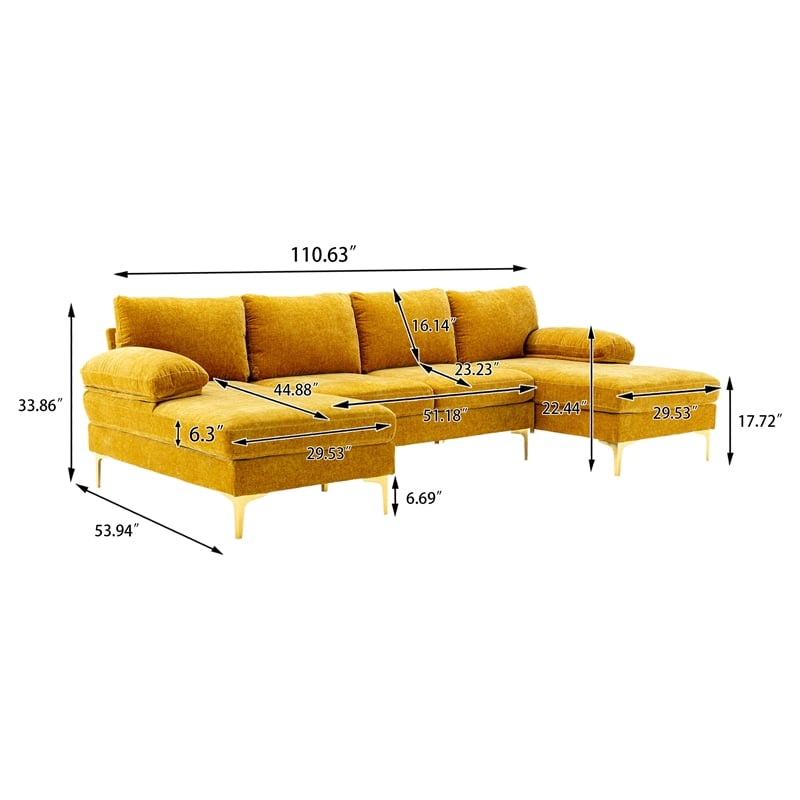 CRO Decor 4-piece U Shaped Fabric Sectional Sofa with Golden Legs in Yellow