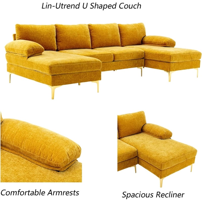 CRO Decor 4-piece U Shaped Fabric Sectional Sofa with Golden Legs in Yellow