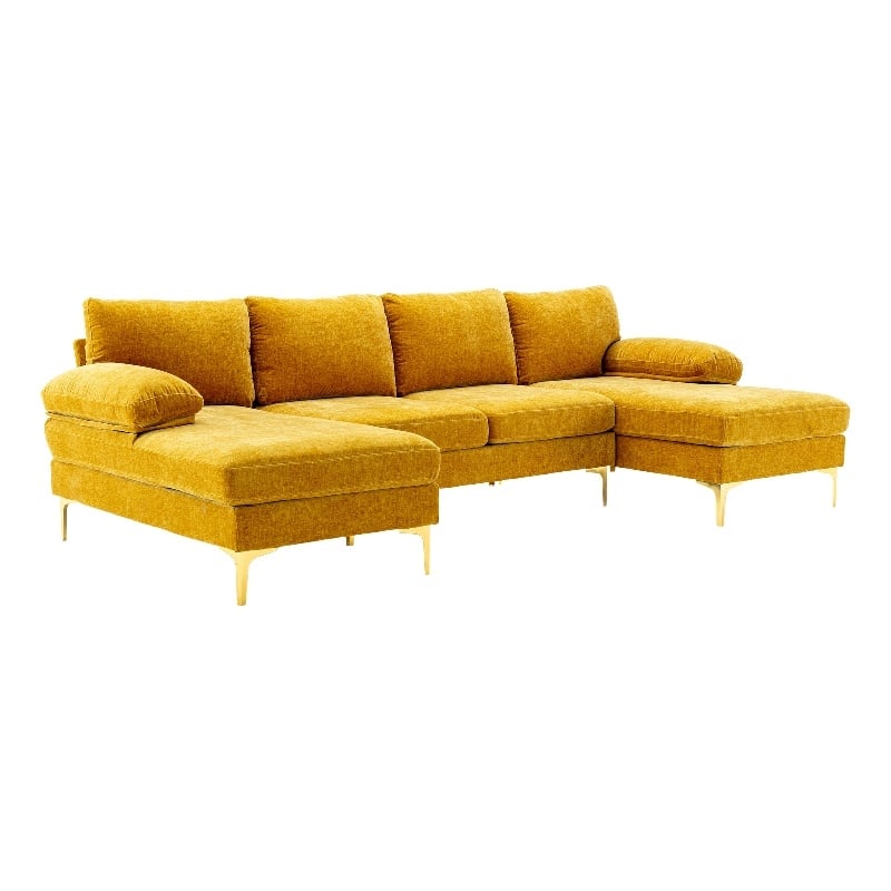 CRO Decor 4-piece U Shaped Fabric Sectional Sofa with Golden Legs in Yellow