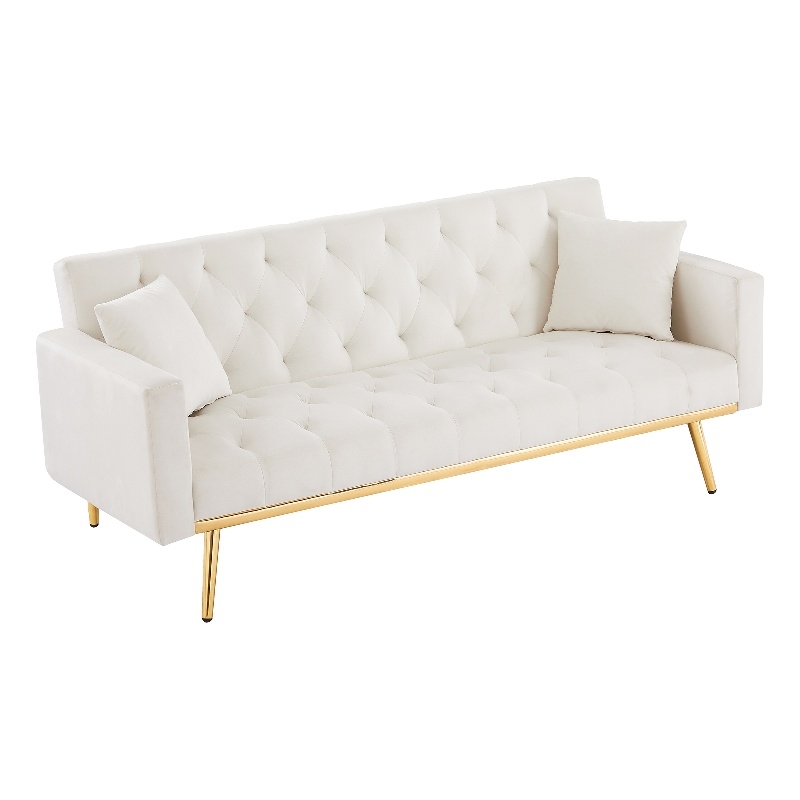 CRO Decor Convertible Folding Futon Velvet Sofa Bed in Cream White