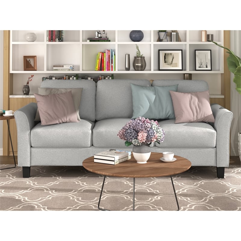 CRO Decor 3-Seat Sofa Living Room Linen Fabric Sofa in Light Gray