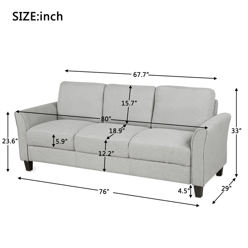 CRO Decor 3-Seat Sofa Living Room Linen Fabric Sofa in Light Gray