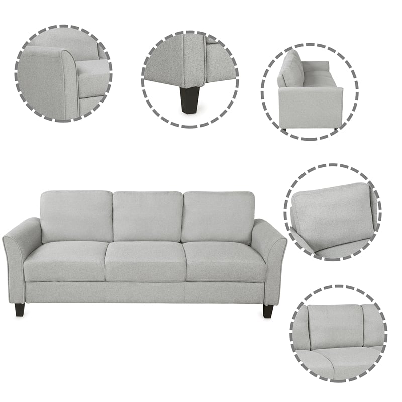 CRO Decor 3-Seat Sofa Living Room Linen Fabric Sofa in Light Gray