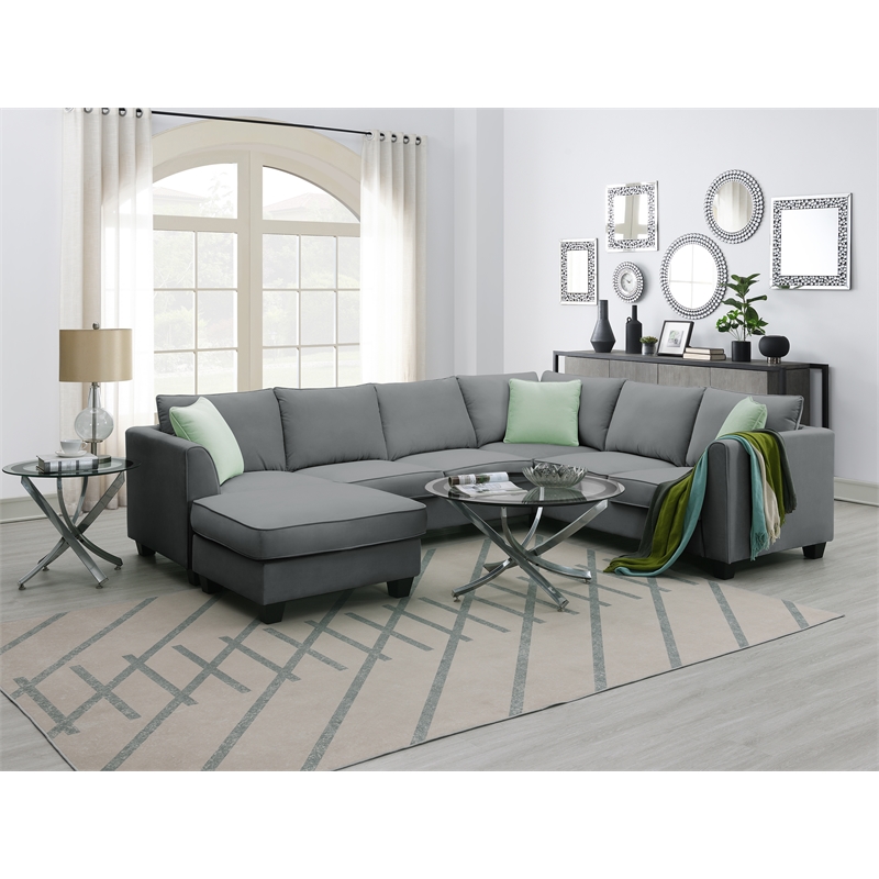 CRO Decor Sofa Sets 7 Seats L Shape with Ottoman Fabric with 3 Pillows (Gray)