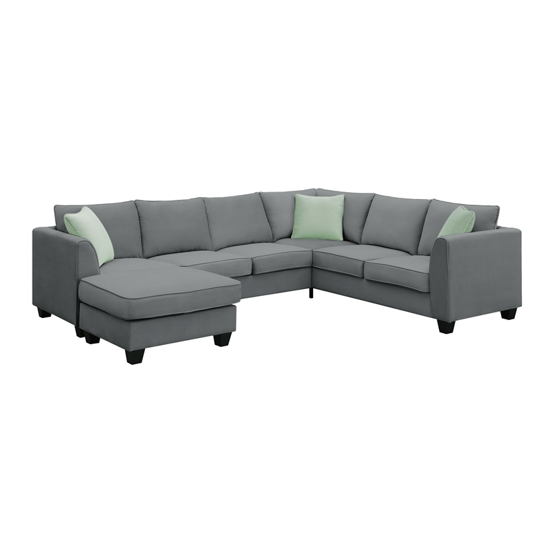 CRO Decor Sofa Sets 7 Seats L Shape with Ottoman Fabric with 3 Pillows (Gray)