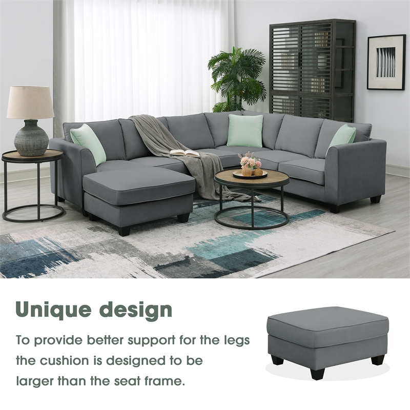 CRO Decor Sofa Sets 7 Seats L Shape with Ottoman Fabric with 3 Pillows (Gray)