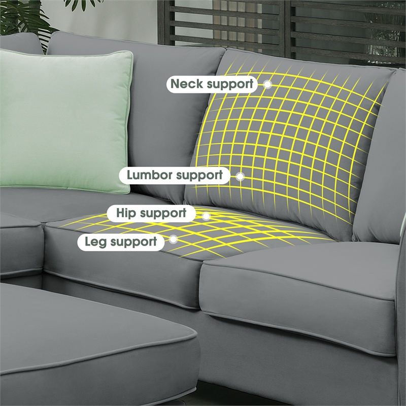CRO Decor Sofa Sets 7 Seats L Shape with Ottoman Fabric with 3 Pillows (Gray)