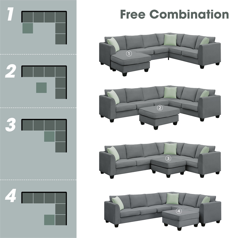CRO Decor Sofa Sets 7 Seats L Shape with Ottoman Fabric with 3 Pillows (Gray)