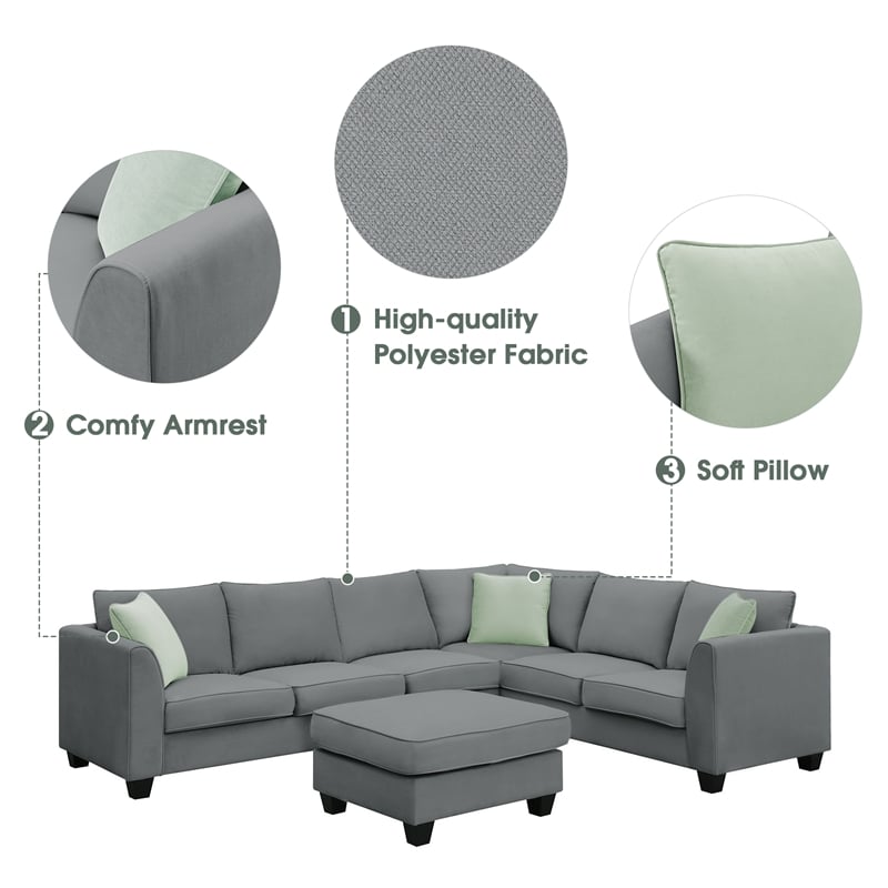 CRO Decor Sofa Sets 7 Seats L Shape with Ottoman Fabric with 3 Pillows (Gray)