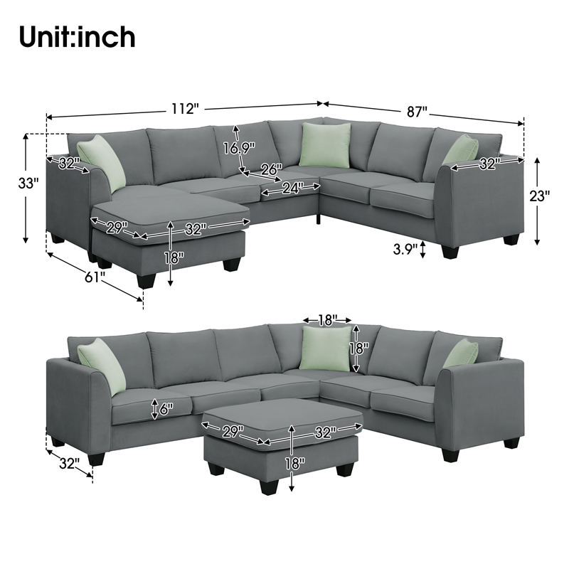 CRO Decor Sofa Sets 7 Seats L Shape with Ottoman Fabric with 3 Pillows (Gray)