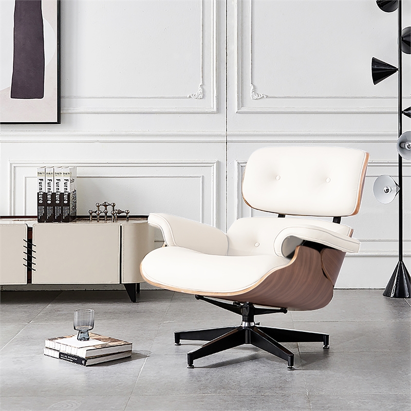 CRO Decor Top Grain Genuine Leather Swivel Lounge Chair And Ottoman(White)