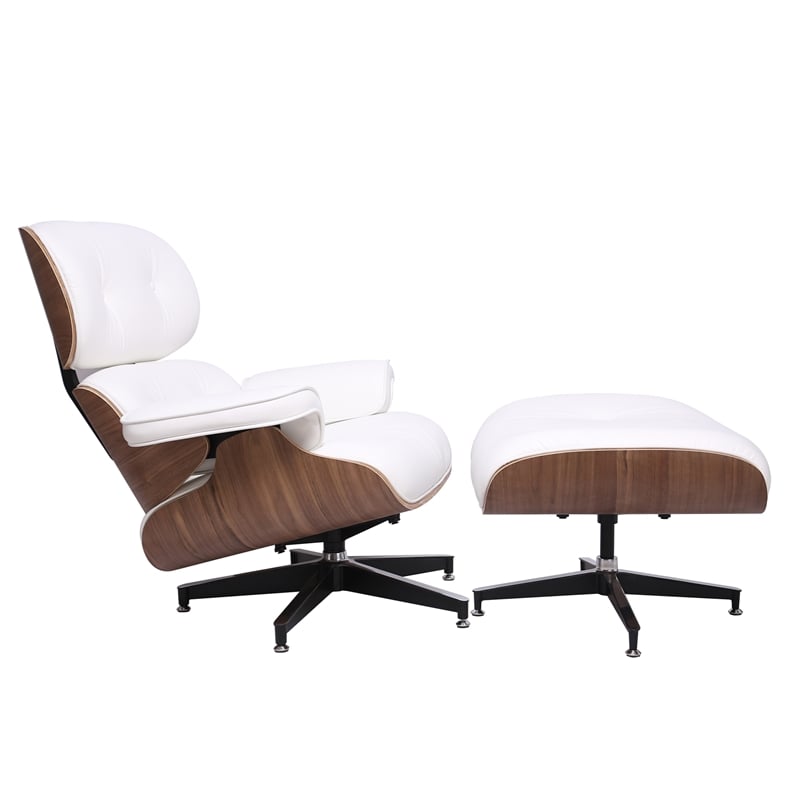 CRO Decor Top Grain Genuine Leather Swivel Lounge Chair And Ottoman(White)