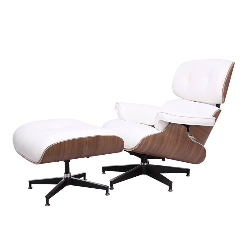 CRO Decor Top Grain Genuine Leather Swivel Lounge Chair And Ottoman(White)