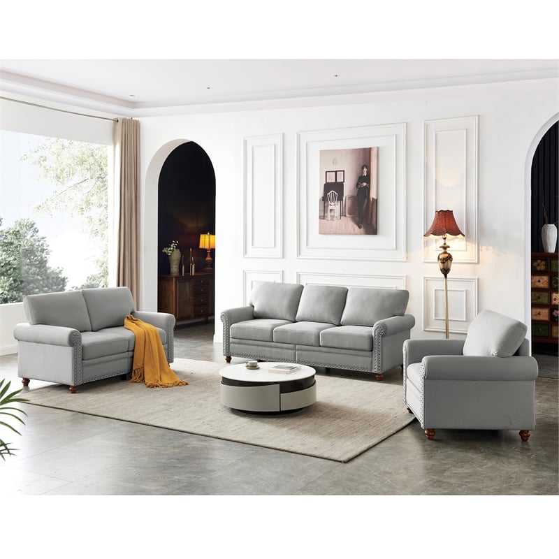 CRO Decor 3-Piece Sofa Set with Storage Classic Grey Linen Fabric 1+2+3 seat