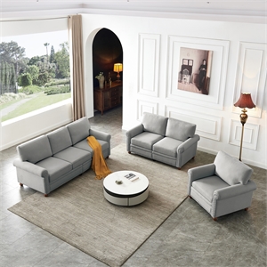 CRO Decor 3-Piece Sofa Set with Storage Classic Grey Linen Fabric 1+2+3 seat