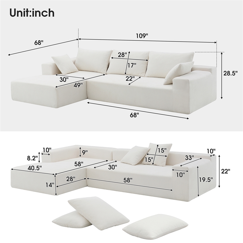 CRO Decor L-shaped Chenille free-install fully foam-filled living room sofa