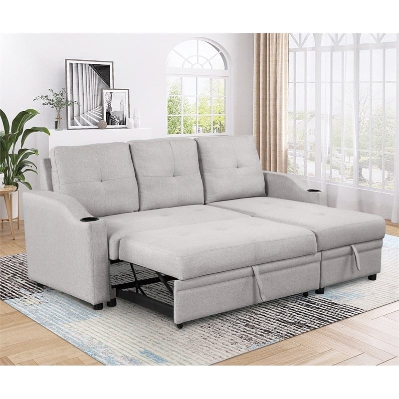 CRO Decor pull-out sofa bed 3 seater with storage chaise longue and cup holder