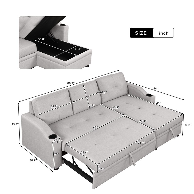 CRO Decor pull-out sofa bed 3 seater with storage chaise longue and cup holder