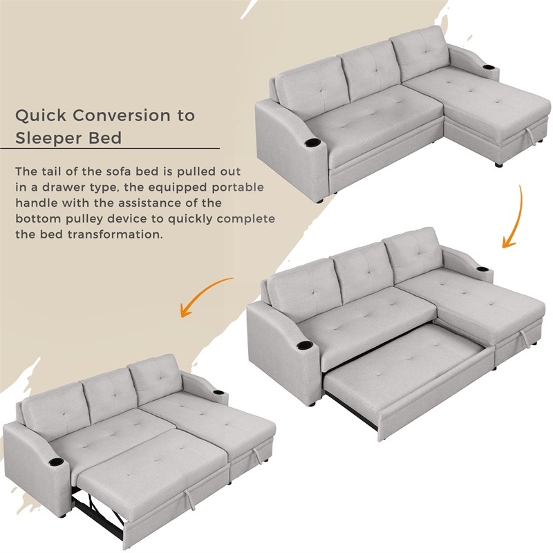 CRO Decor pull-out sofa bed 3 seater with storage chaise longue and cup holder
