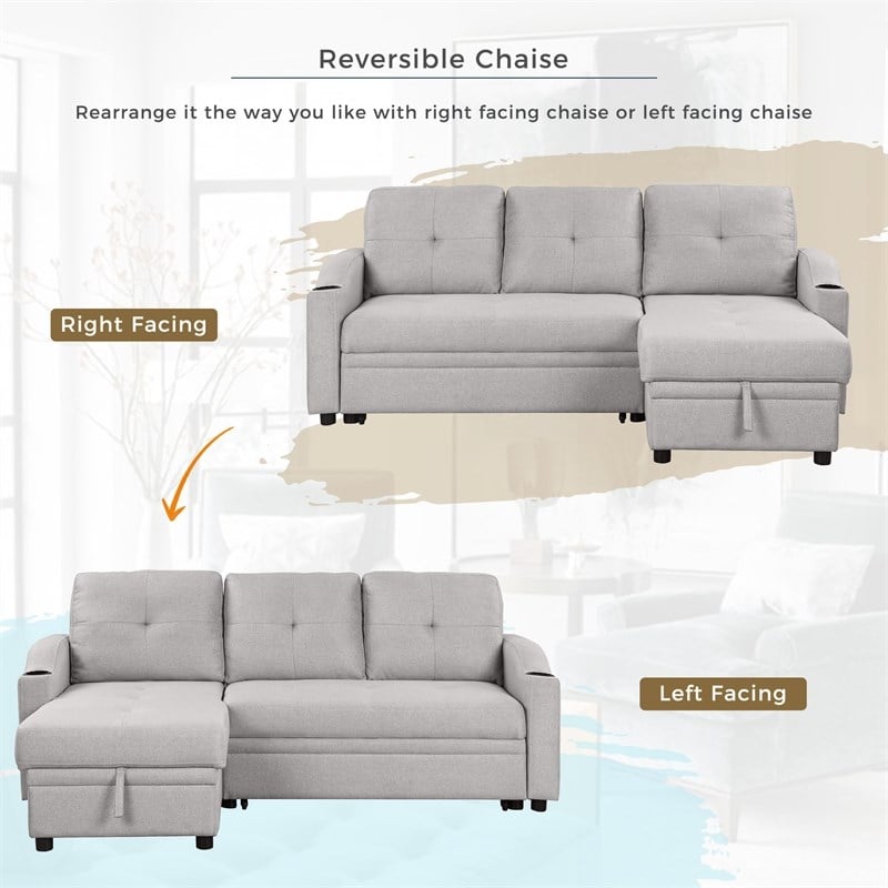 CRO Decor pull-out sofa bed 3 seater with storage chaise longue and cup holder