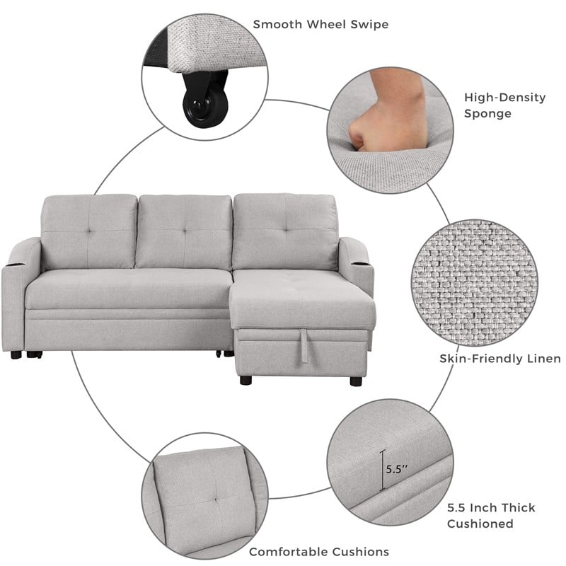 CRO Decor pull-out sofa bed 3 seater with storage chaise longue and cup holder