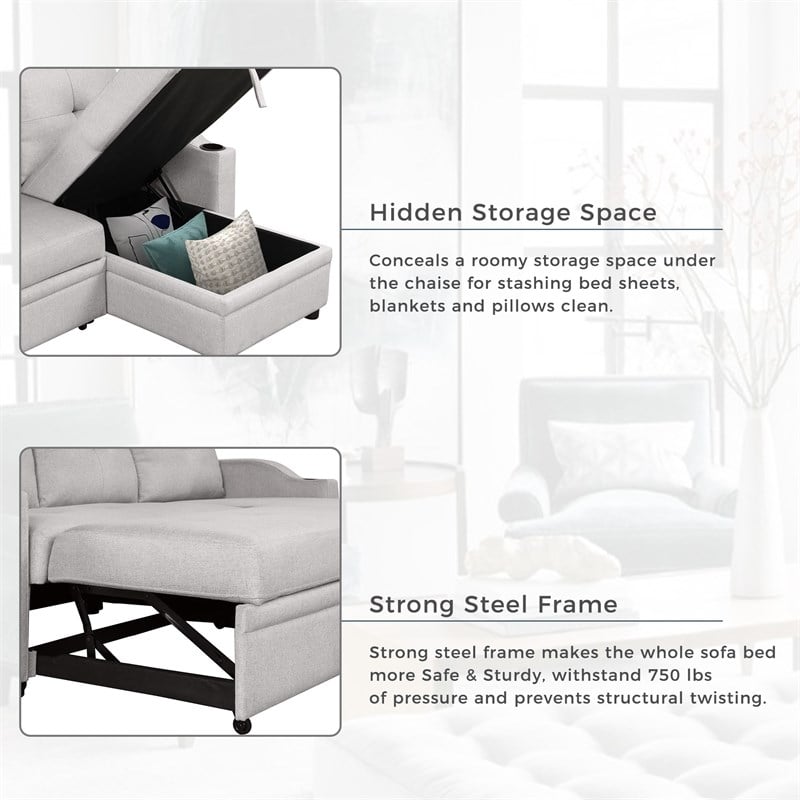 CRO Decor pull-out sofa bed 3 seater with storage chaise longue and cup holder