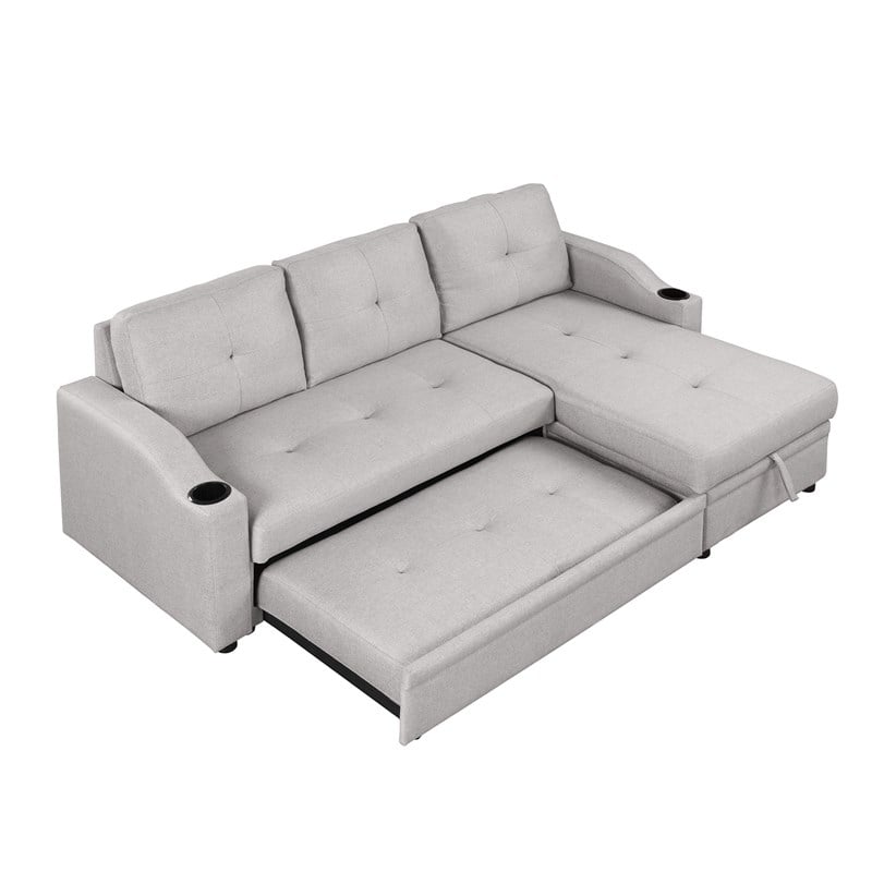 CRO Decor pull-out sofa bed 3 seater with storage chaise longue and cup holder