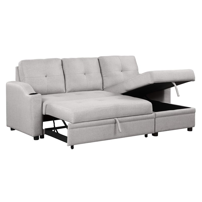 CRO Decor pull-out sofa bed 3 seater with storage chaise longue and cup holder