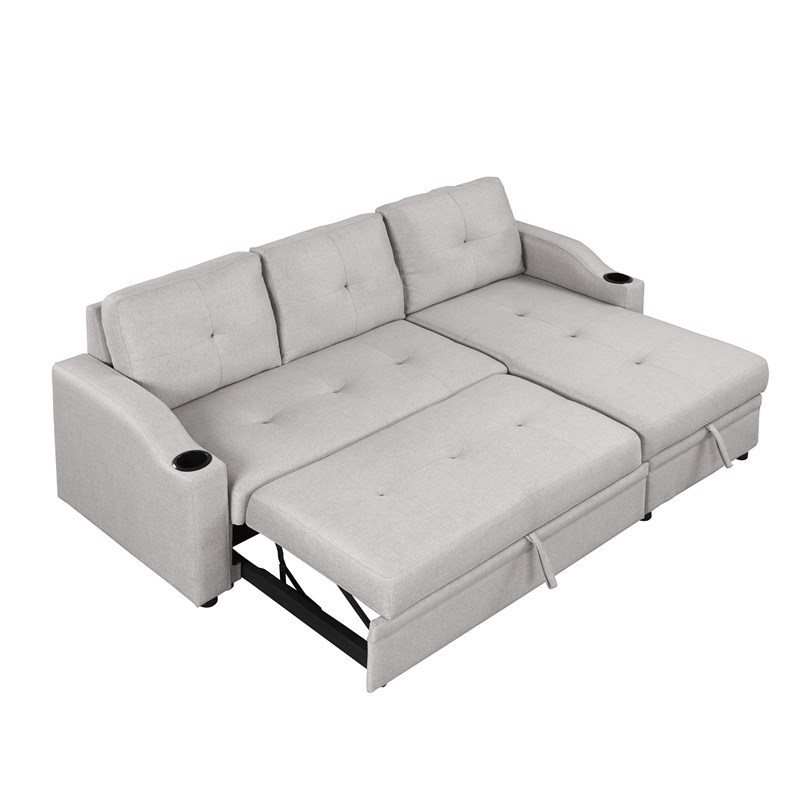 CRO Decor pull-out sofa bed 3 seater with storage chaise longue and cup holder